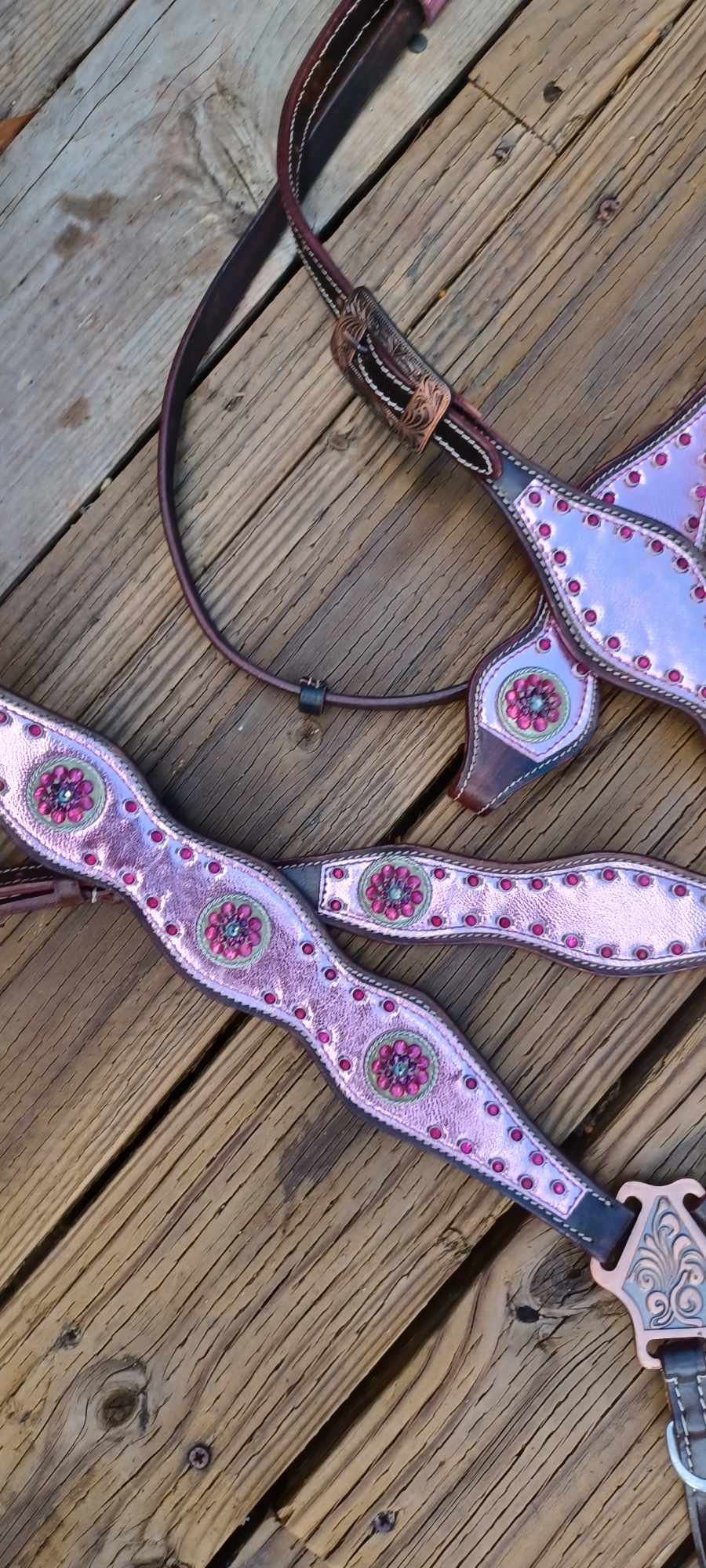 Metallic Pink Overlay and Choc. Leathers 3pc Horse Tack Bridle Set