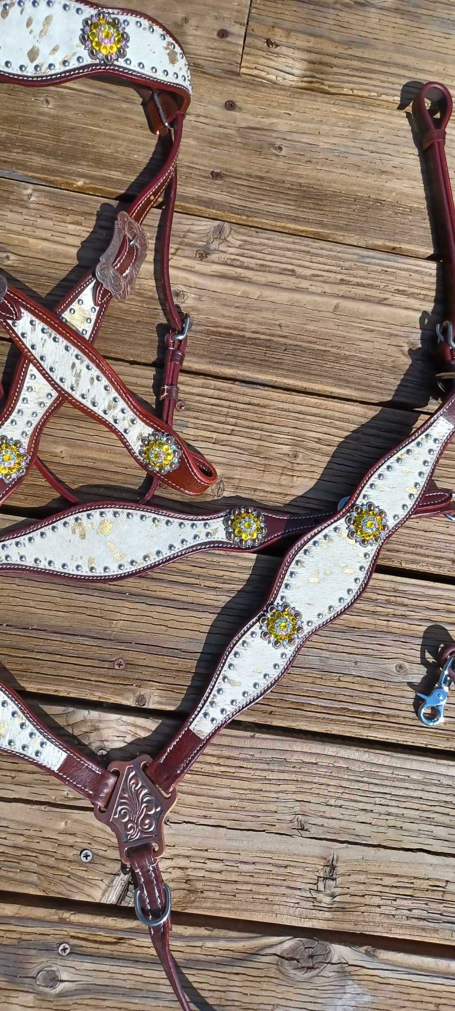 Mooooo Gold Splash Hair on Hide with Yellow Bling 3pc Horse Tack bridle Set