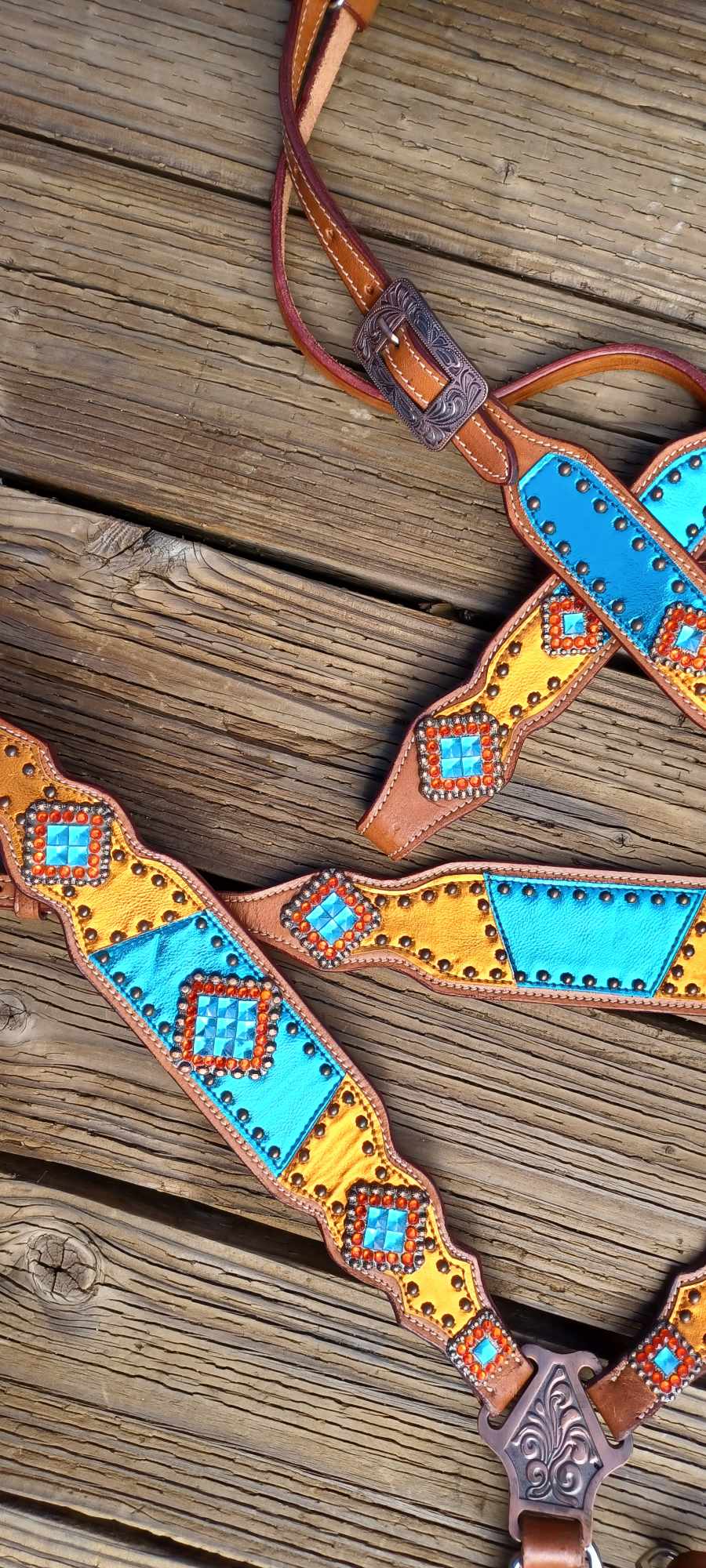 Teal and Orange Metallic Bling Horse Tack Bridle Set with Wither Strap