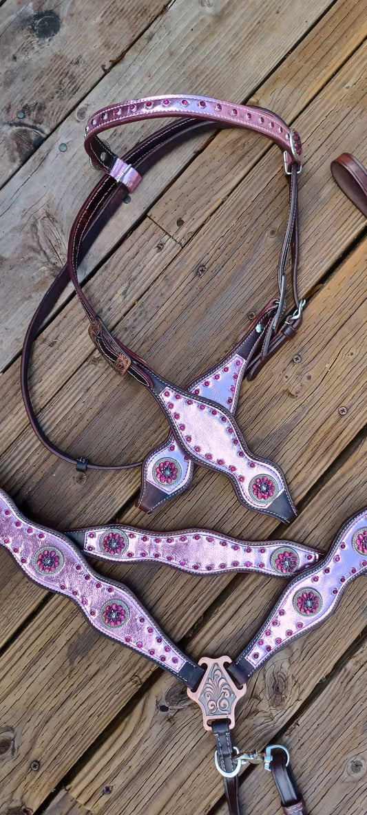 Metallic Pink Overlay and Choc. Leathers 3pc Horse Tack Bridle Set