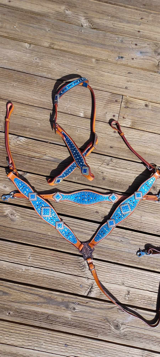 Bianca Blue 3pc One Ear Horse Tack Bridle Set