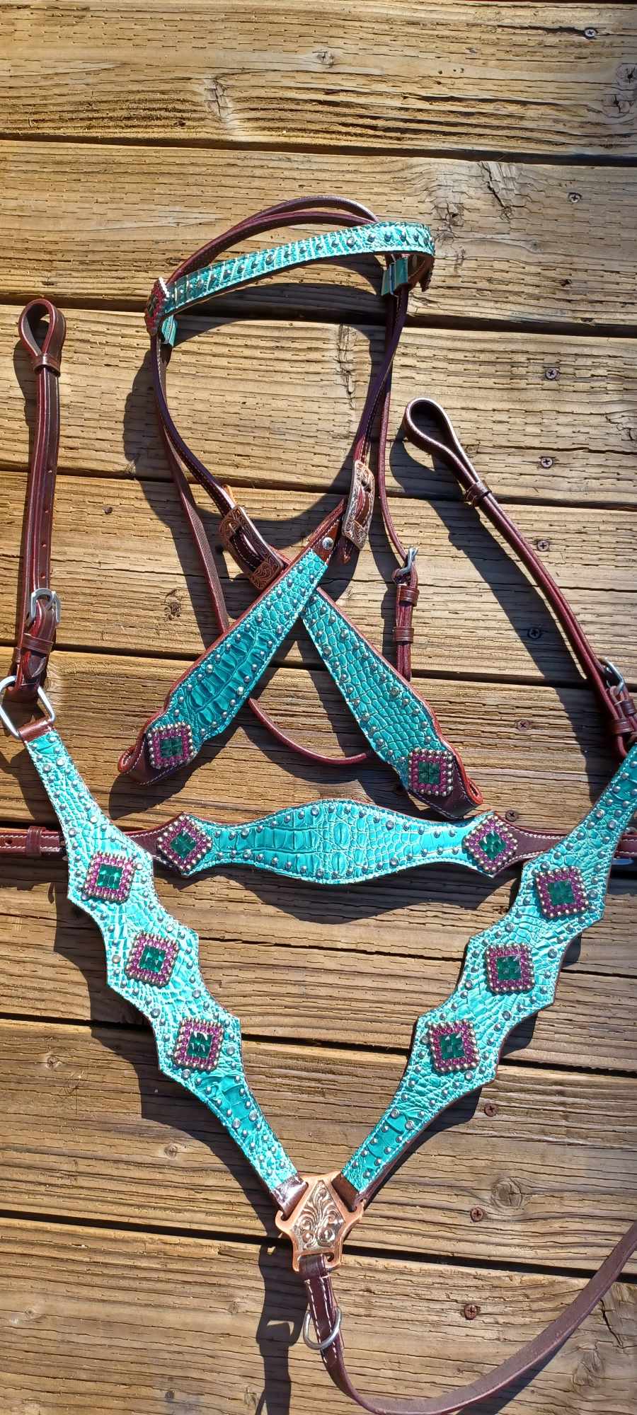 Watermelon Jade Teal Croc 3pc Full Brow Horse Tack Bridle Set