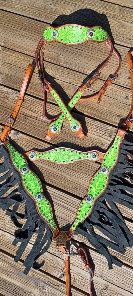 Lime Green Tropical Flower Fringe Horse Tack Bridle Set with Wither Strap