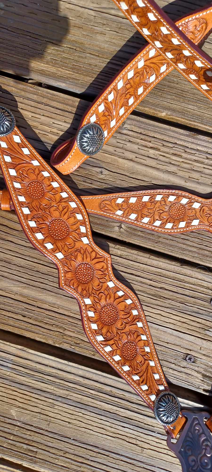 The Sam Sunflower Tooled Buck-Stitch Horse Tack bridle Set with Wither Strap