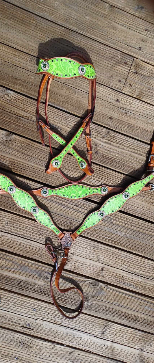 Lime Green Tropical Flower Horse Tack Bridle Set with Wither Strap