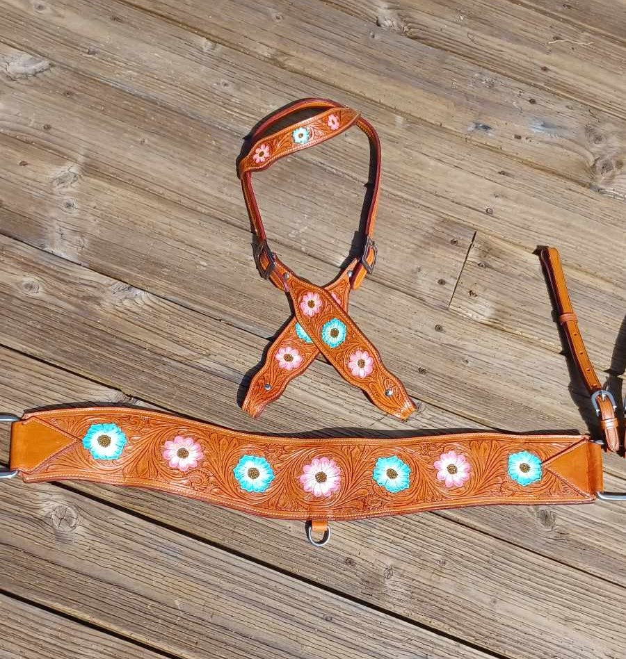 Flower Trip Hand Tooled Tripping Collar Horse Tack Bridle Set