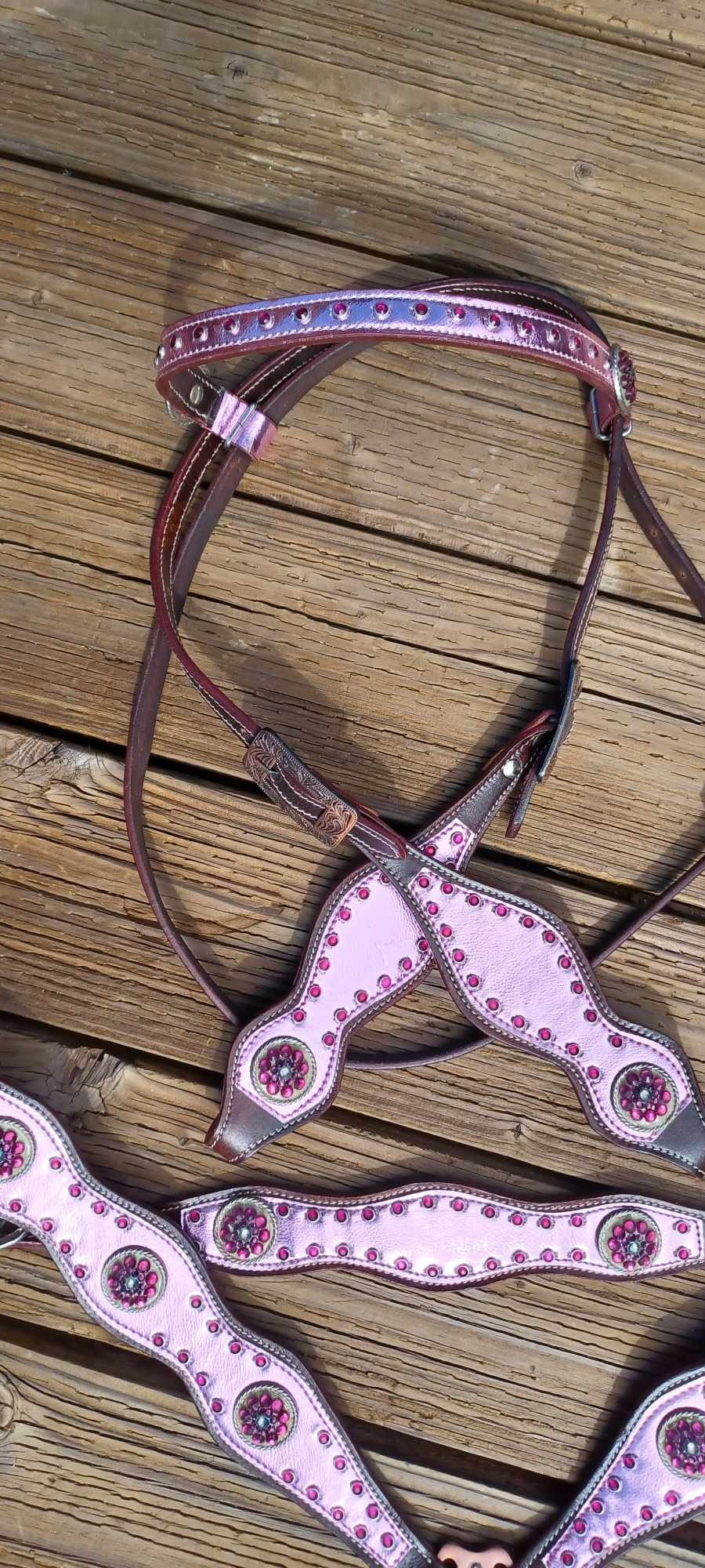 Metallic Pink Overlay and Choc. Leathers 3pc Horse Tack Bridle Set