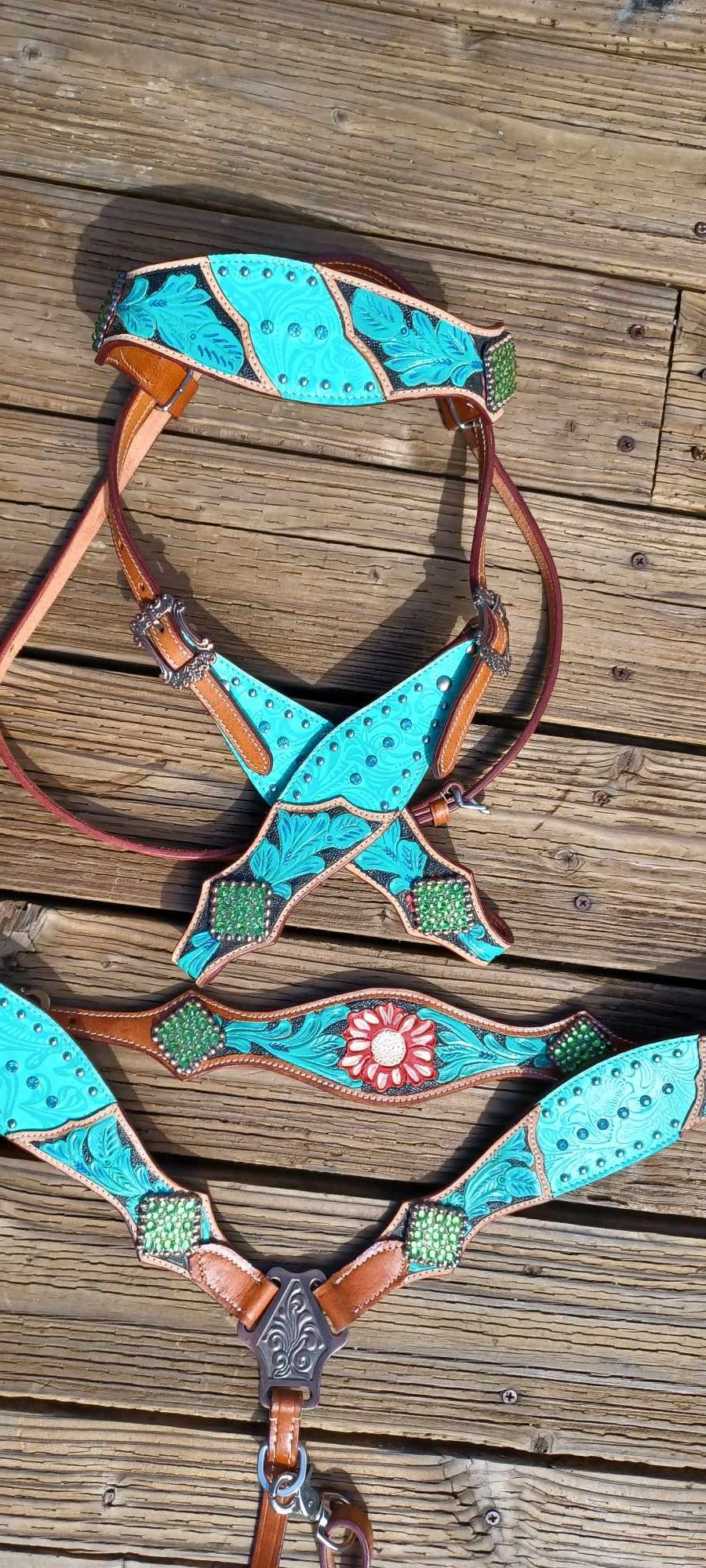 Tropical Turquoise Floral Filigree Tooled and Painted Horse Tack Bridle Set