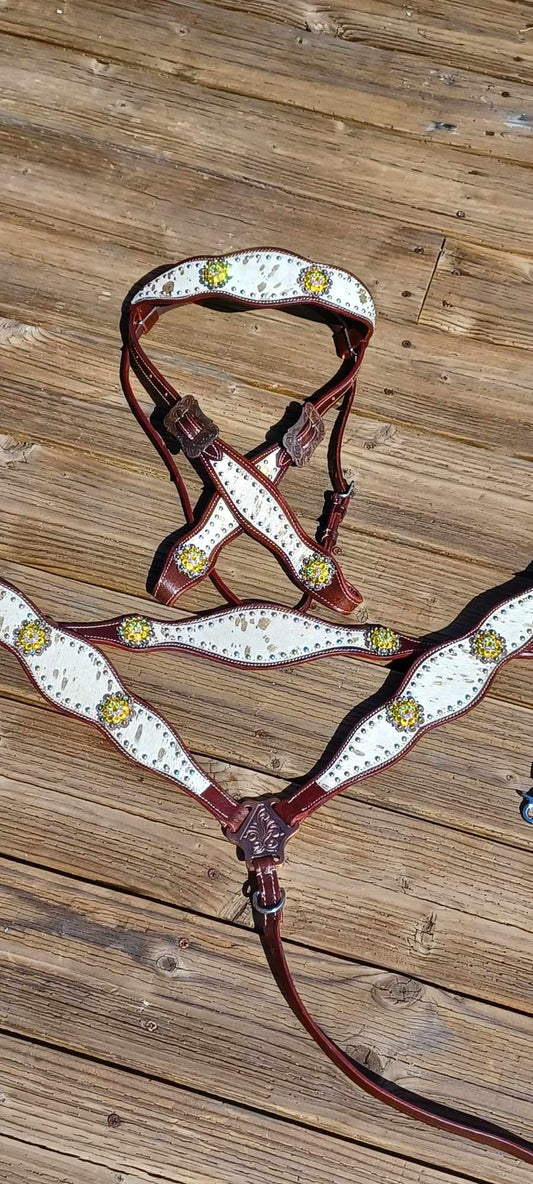 Mooooo Gold Splash Hair on Hide with Yellow Bling 3pc Horse Tack bridle Set