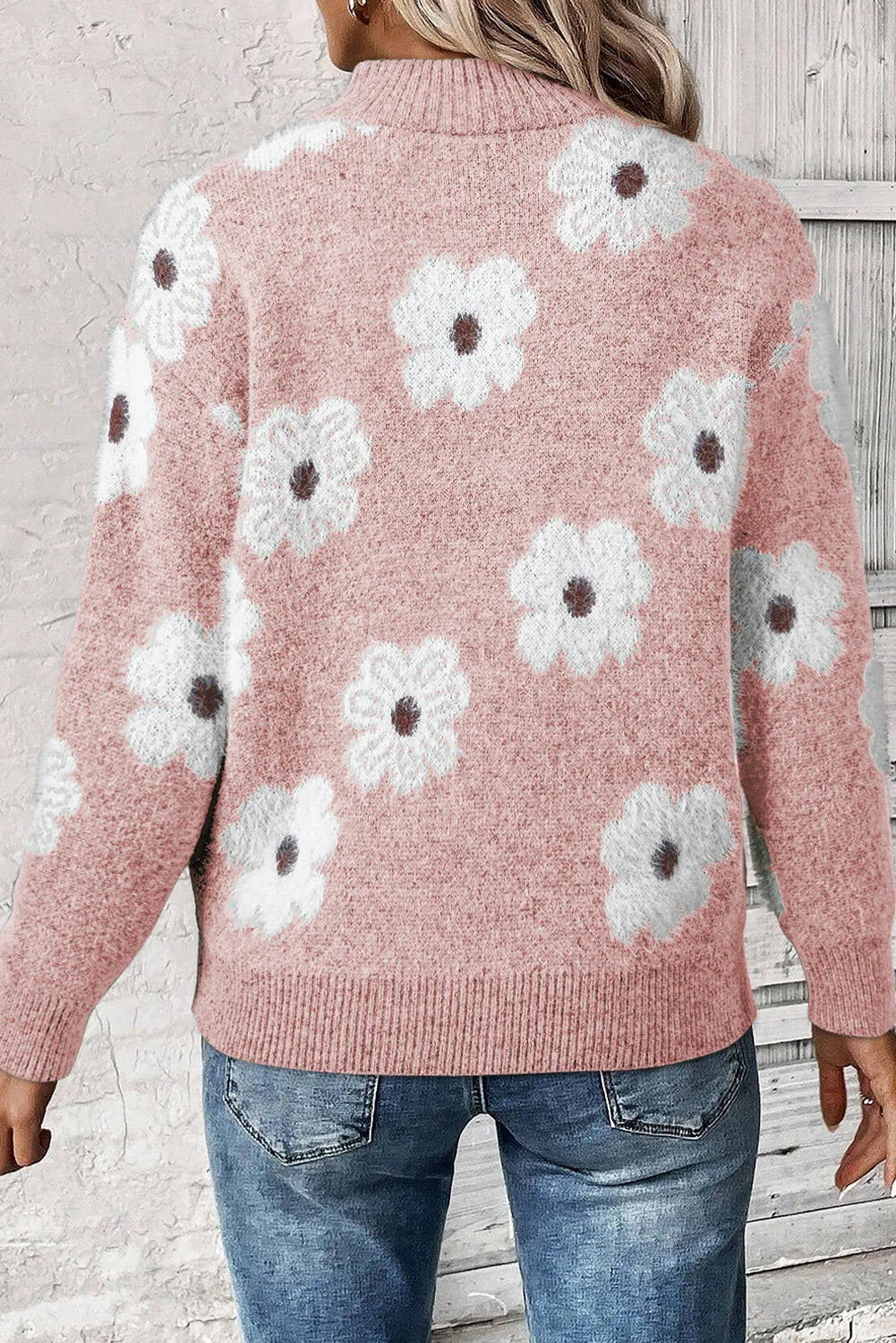 Flower Half Zip Long Sleeve Sweater Choose Green Pink or Grey