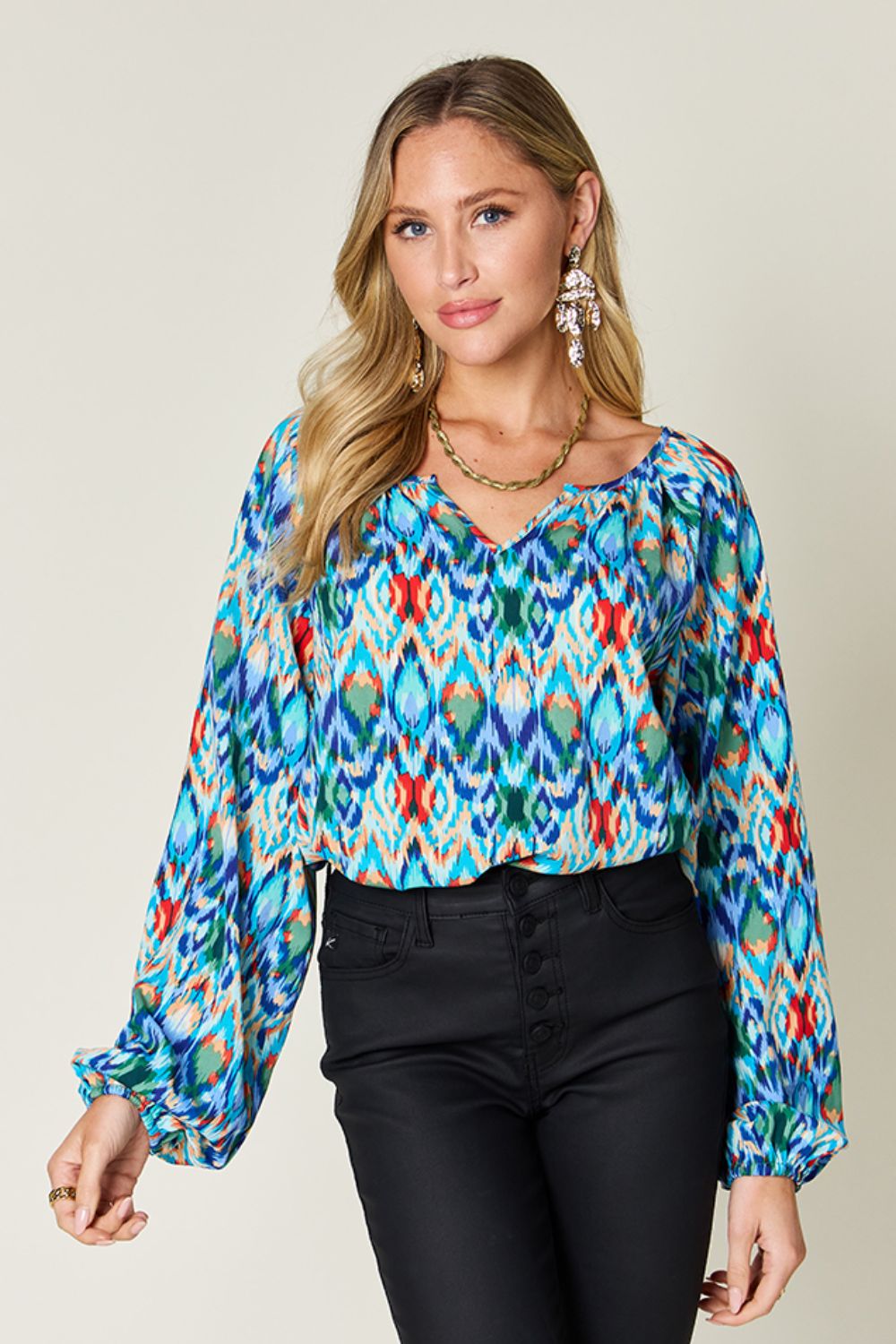 Double Take Full Size Printed Balloon Sleeve Blouse Choose Blue or Green