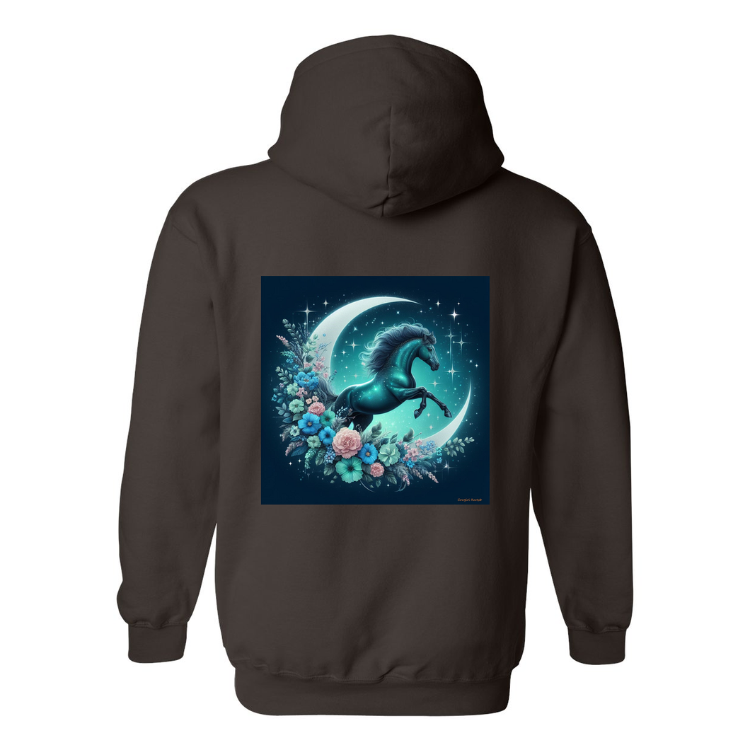 Moon Flowers Turquoise Horse Design on Back Front Pocket Hoodies