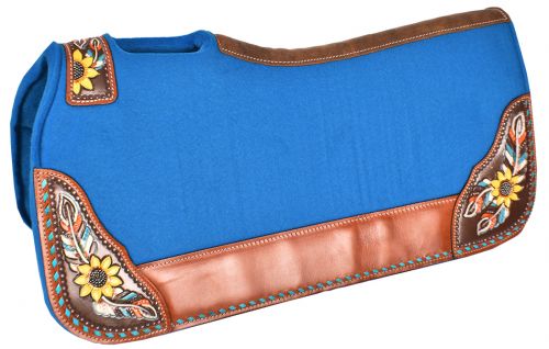 31" x 32" x 1" Turquoise Felt Saddle Pad with Hand Painted Sunflower and Feather Design