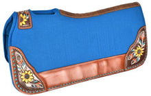 Load image into Gallery viewer, 31&quot; x 32&quot; x 1&quot; Turquoise Felt Saddle Pad with Hand Painted Sunflower and Feather Design
