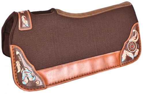 32" X 31" Contoured Felt Bottom Saddle Pad with Painted Dreamcatcher Wear Leathers