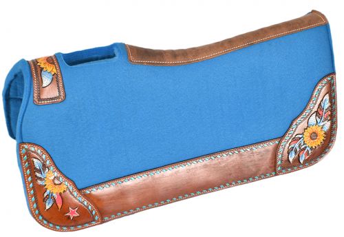 31" x 32" x 1" Turquoise Felt Saddle Pad with Hand Painted Sunflower and Star Design