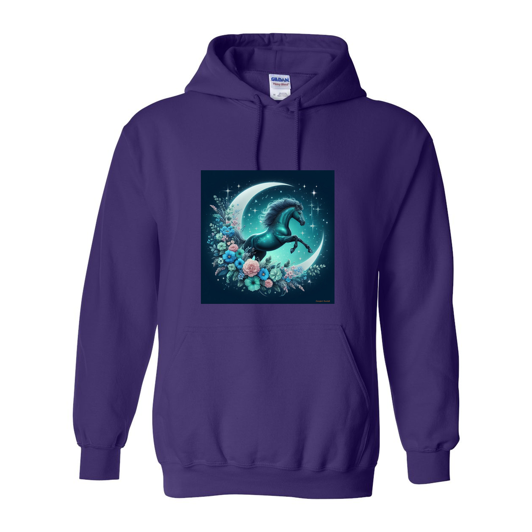Moon Flowers Turquoise Horse Pull Over Front Pocket Hoodies