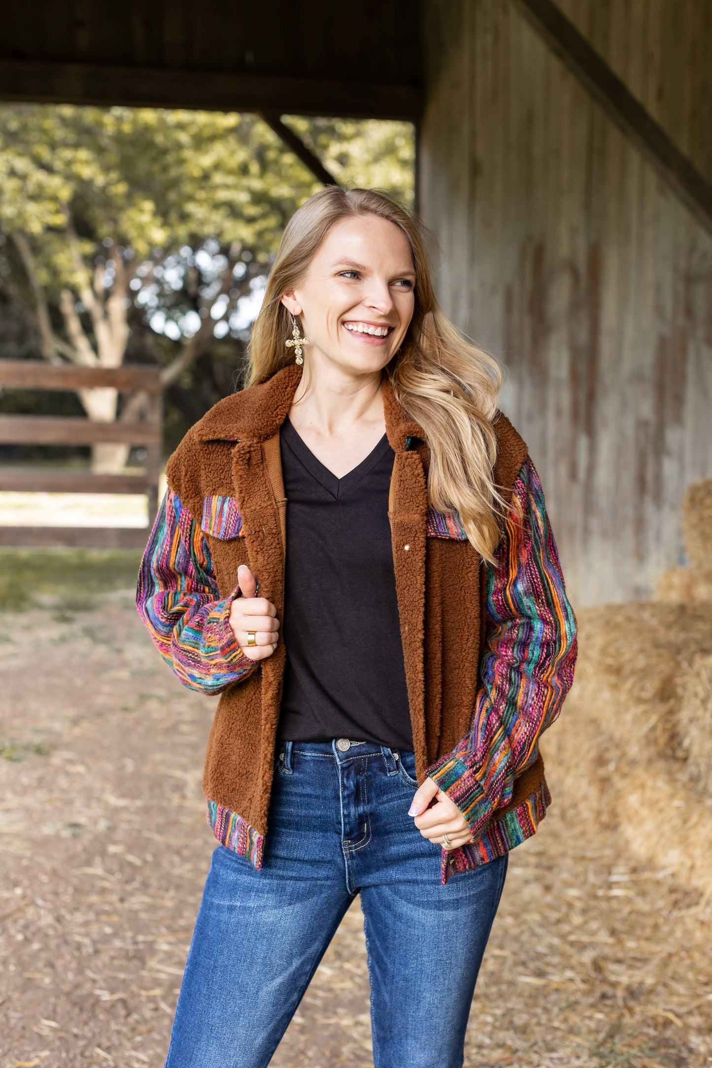 Brown Sherpa with Sassy Serape Multi-Colored Sleeves