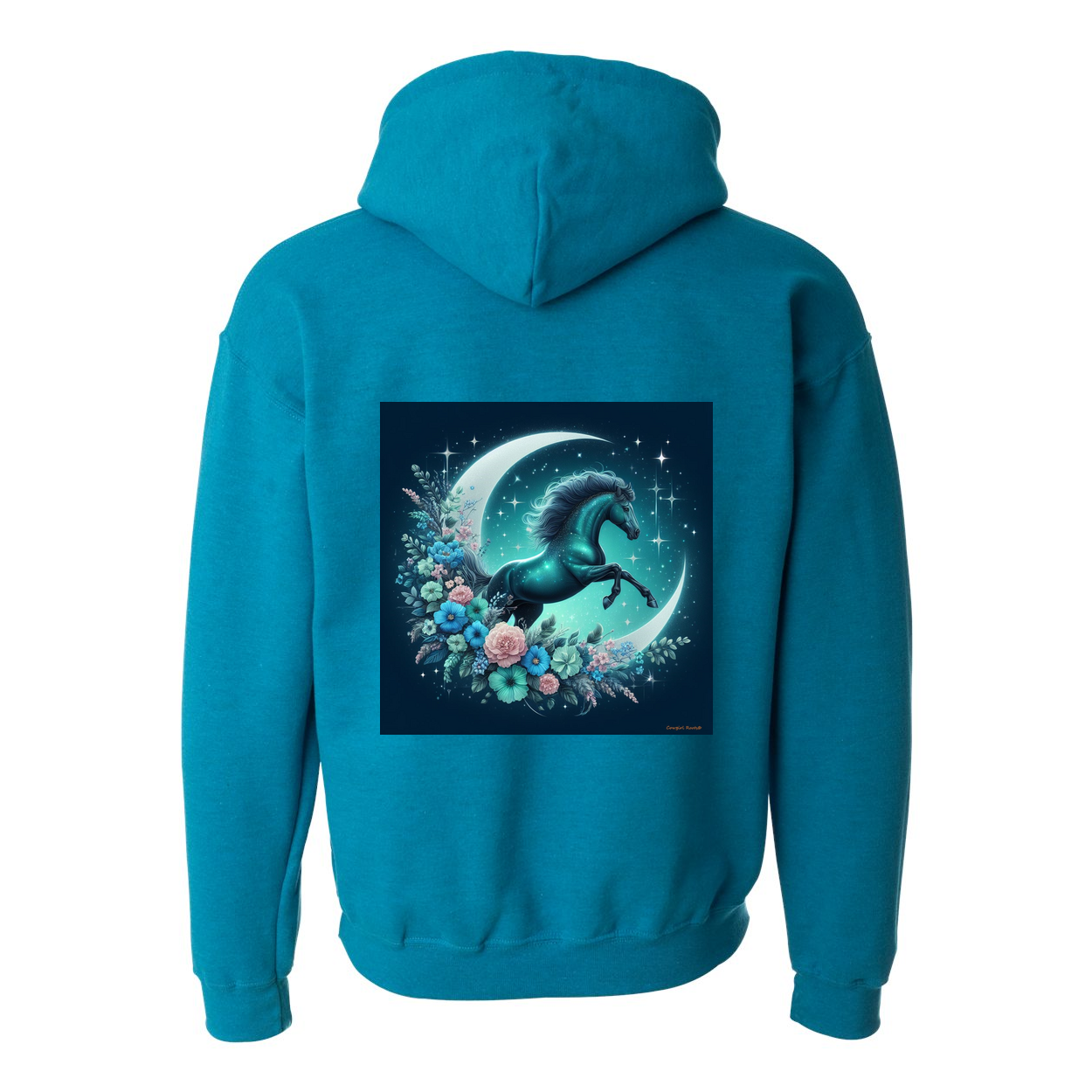 Moon Flowers Turquoise Horse Design on Back Front Pocket Hoodies