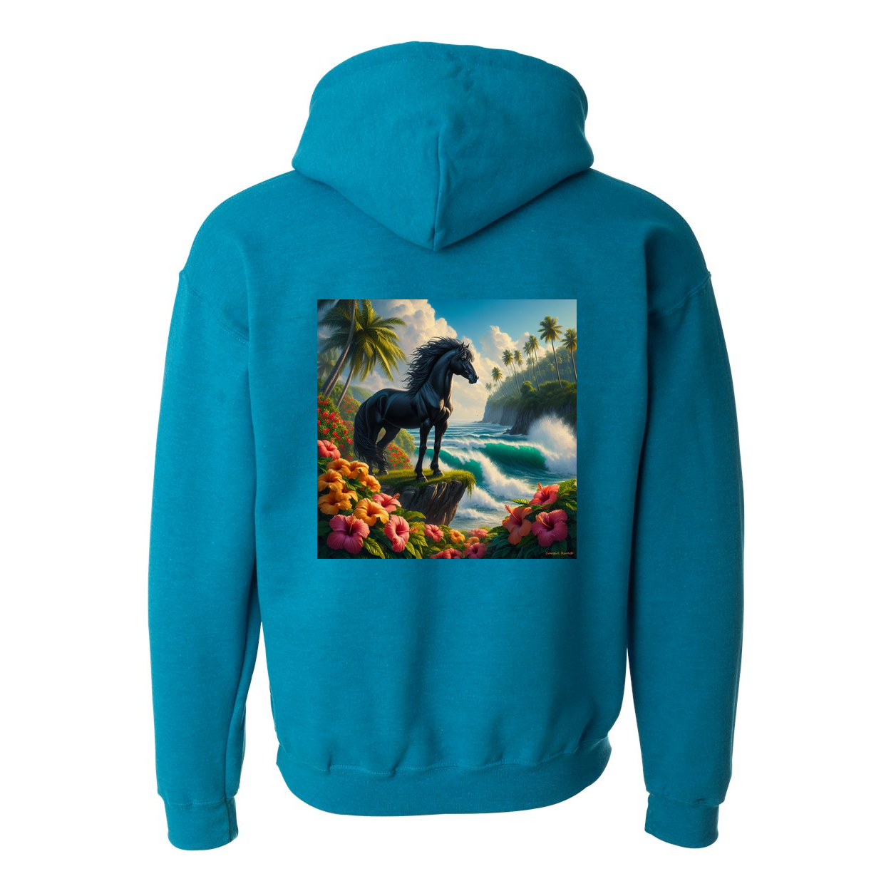 Tropical Black Stallion Design on Back Front Pocket Hoodies