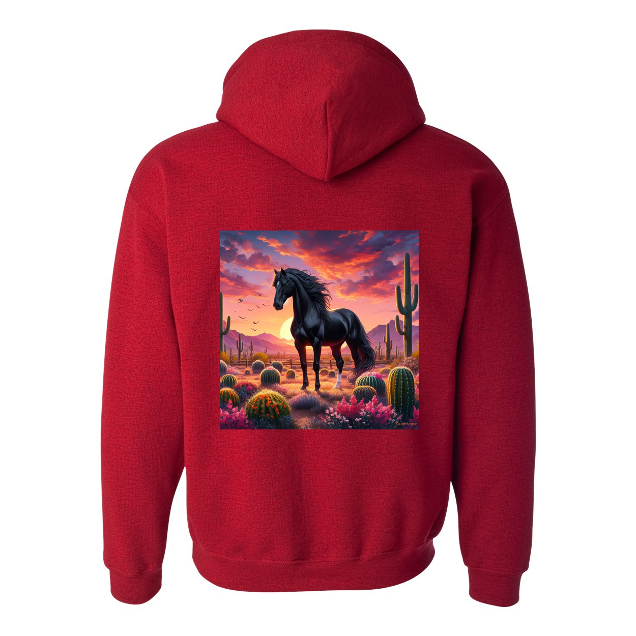 Black Stallion Desert Sunset Design on Back Front Pocket Hoodies