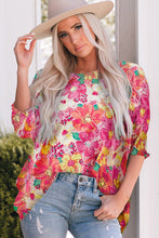 Load image into Gallery viewer, Pink Shirred Cuffs 3/4 Sleeve Floral Blouse
