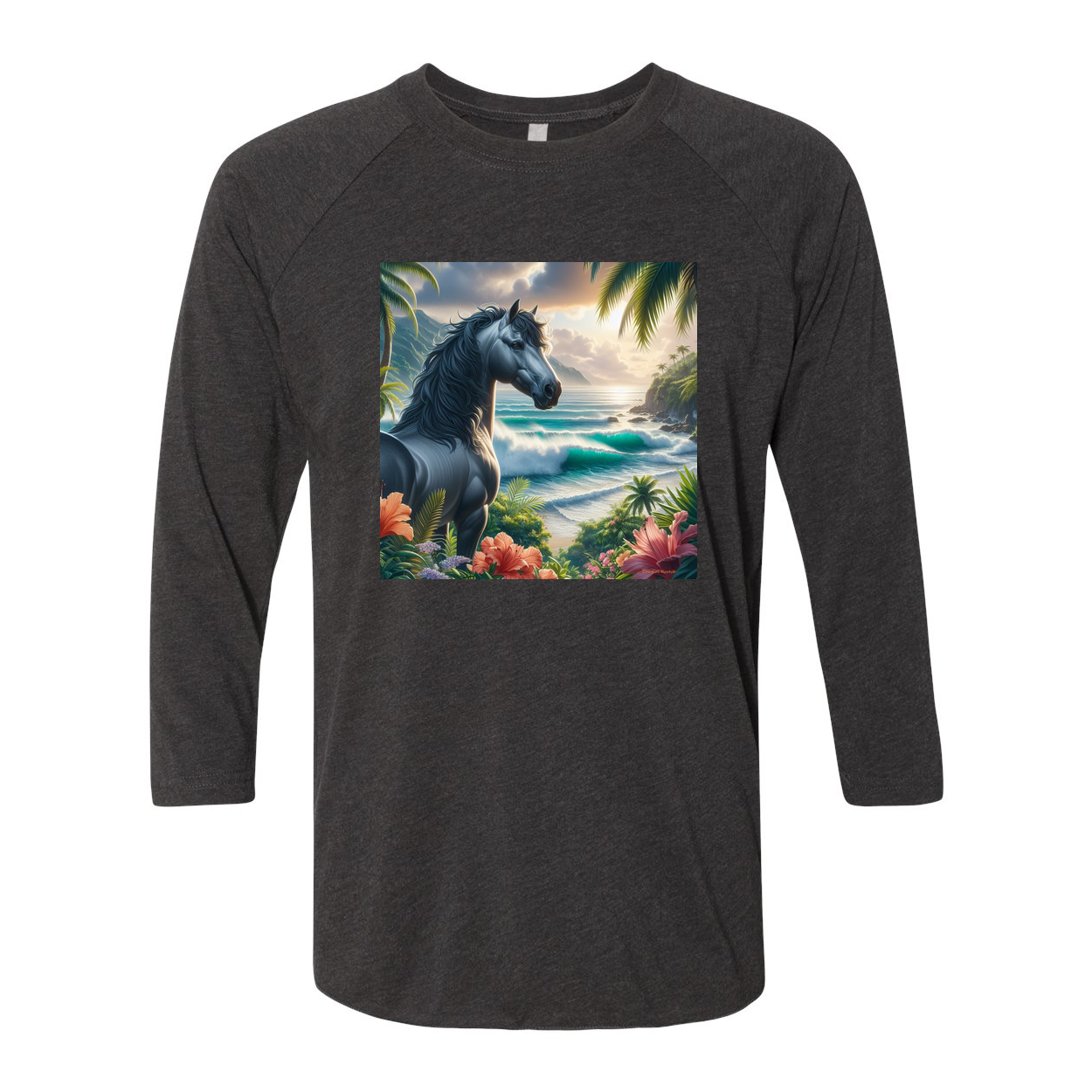 Tropical Grey Stallion Horse 3 4 Raglan T Shirts