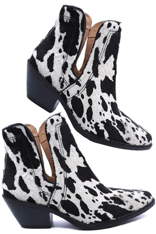 Western Cut Out Cow Print Hair on Hide Booties  2 Colors