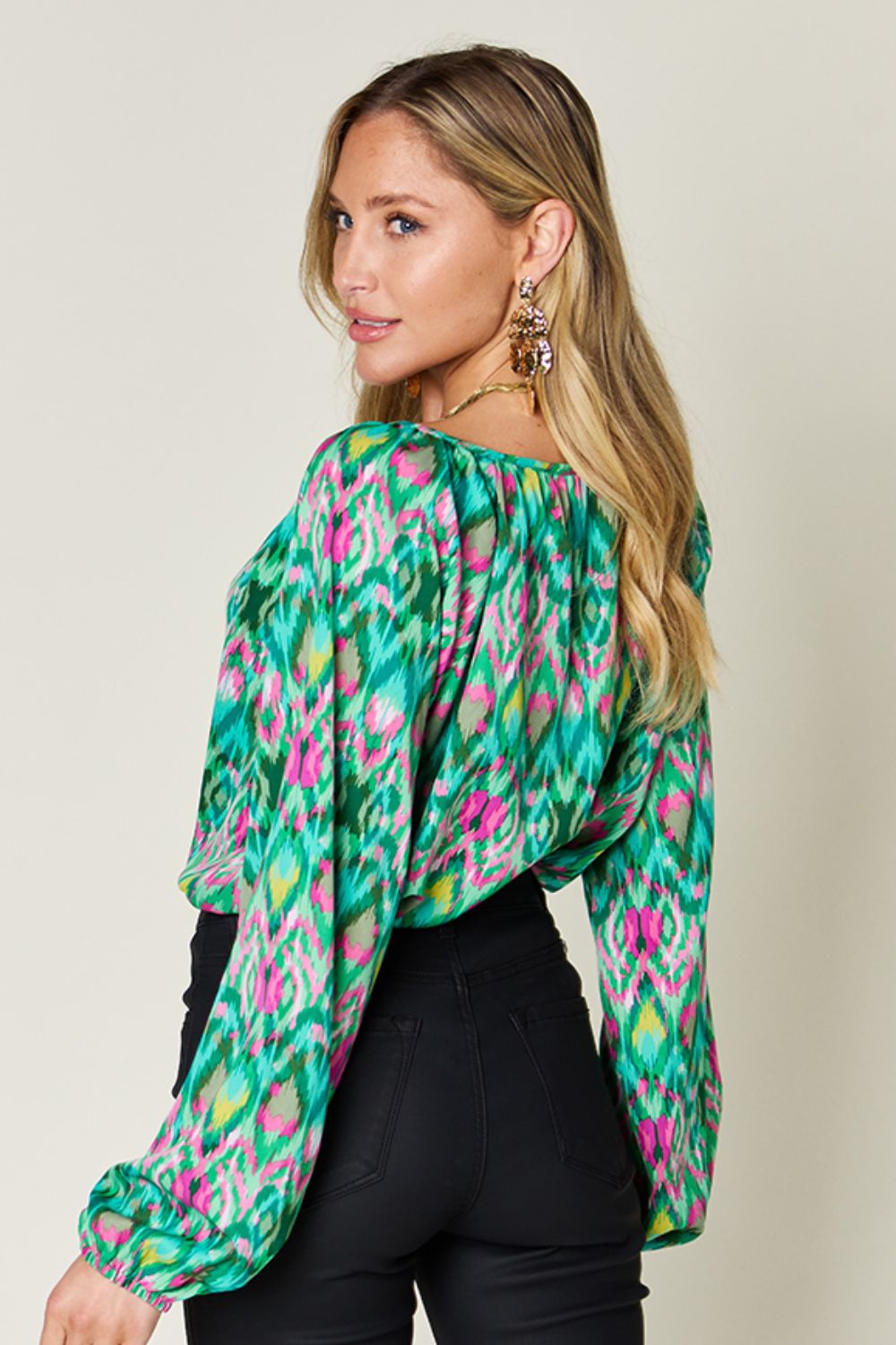 Double Take Full Size Printed Balloon Sleeve Blouse Choose Blue or Green