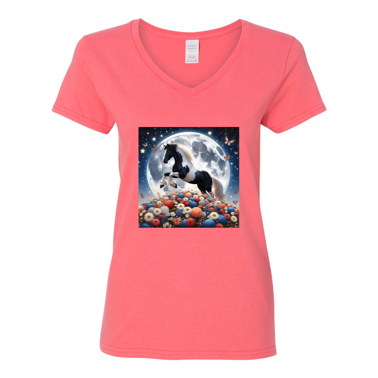 Spring Moon Horse V Neck T Shirts