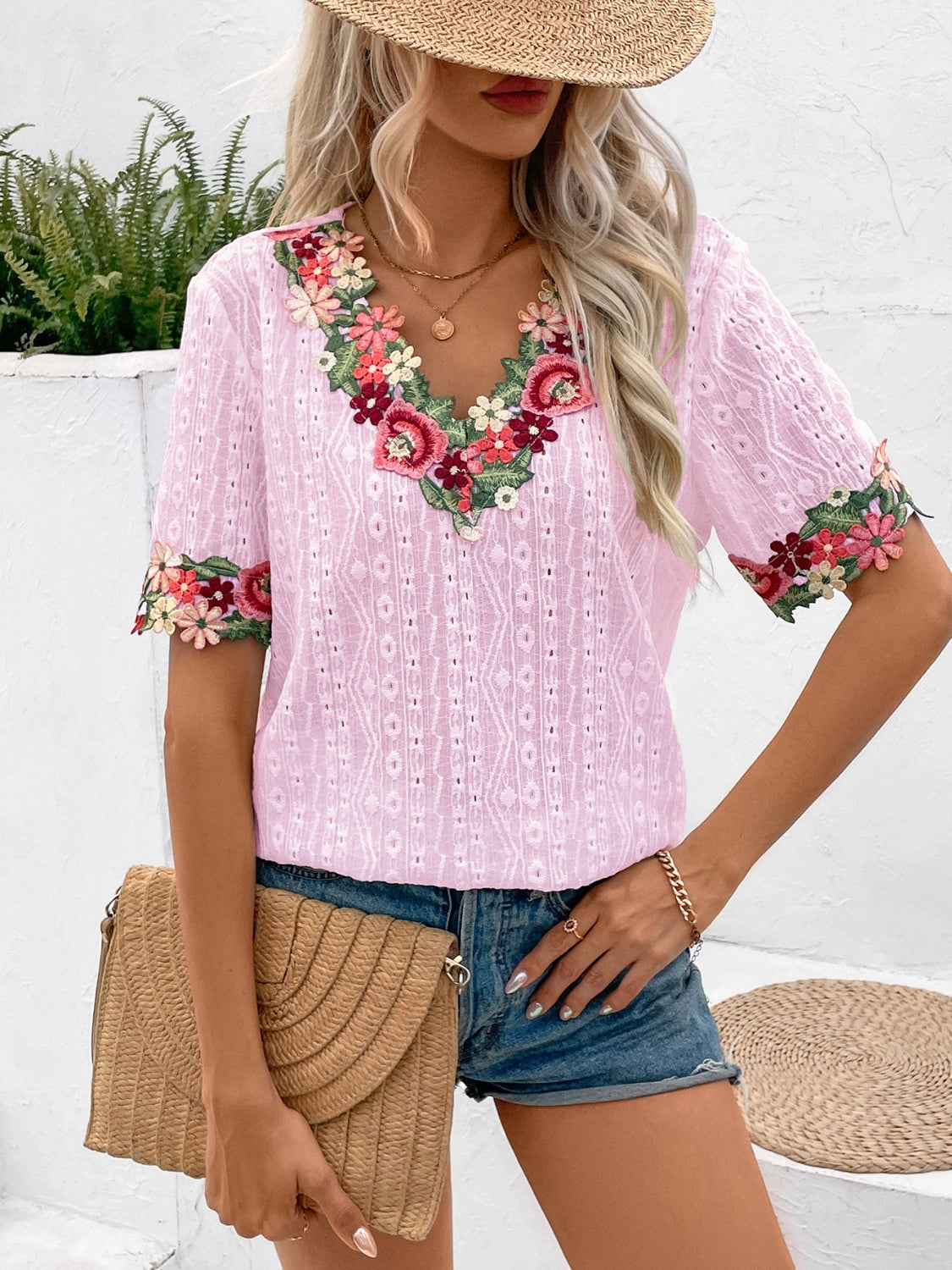 Eyelet Embroidered V-Neck Short Sleeve Blouse Choose Color