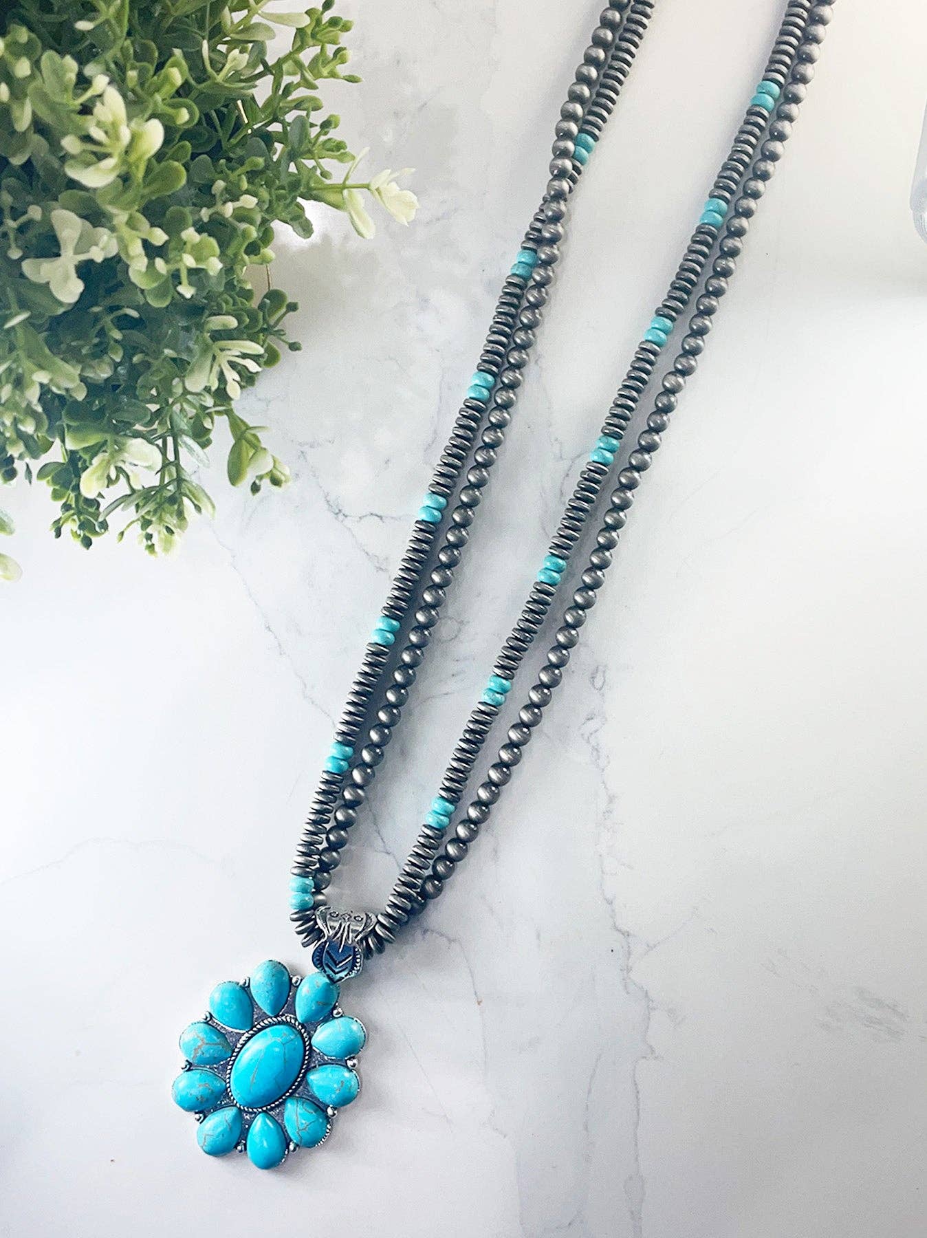 Ranch Wifey Turquoise Squash Blossom Pendant Navajo Pearls Necklace