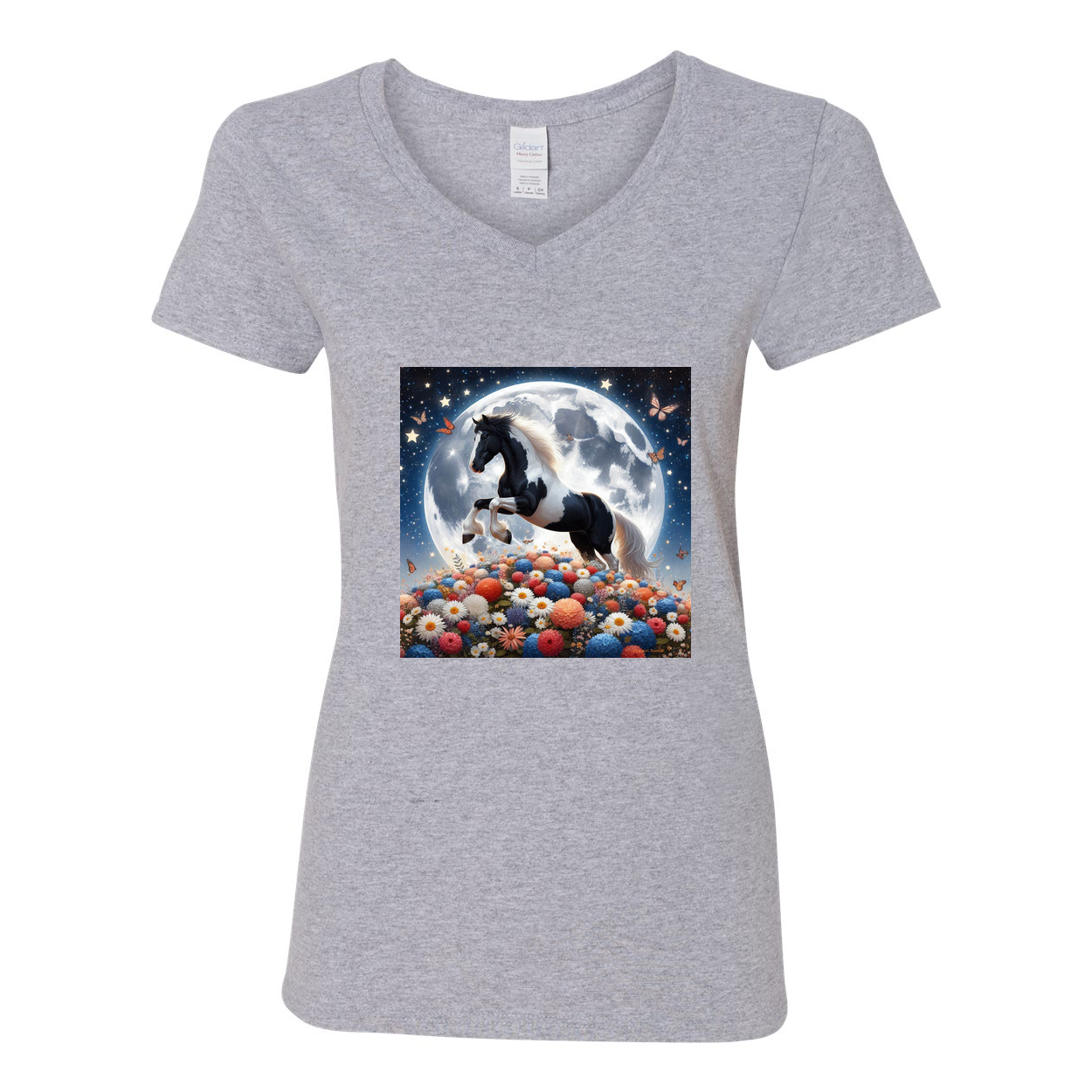 Spring Moon Horse V Neck T Shirts