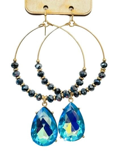 Navy Blue Crystal Drop Charm Circle Hoop Earrings