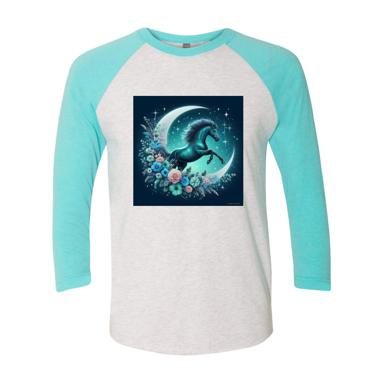 Moon Flowers Turquoise Horse 3 4 Sleeve Raglan T Shirts