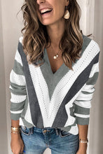 Load image into Gallery viewer, Blue Striped Colorblock V Neck Knitted Sweater
