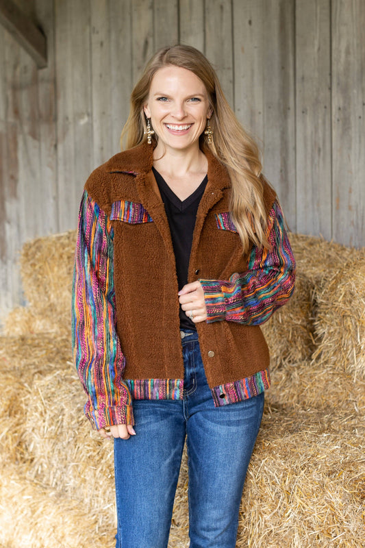 Brown Sherpa with Sassy Serape Multi-Colored Sleeves