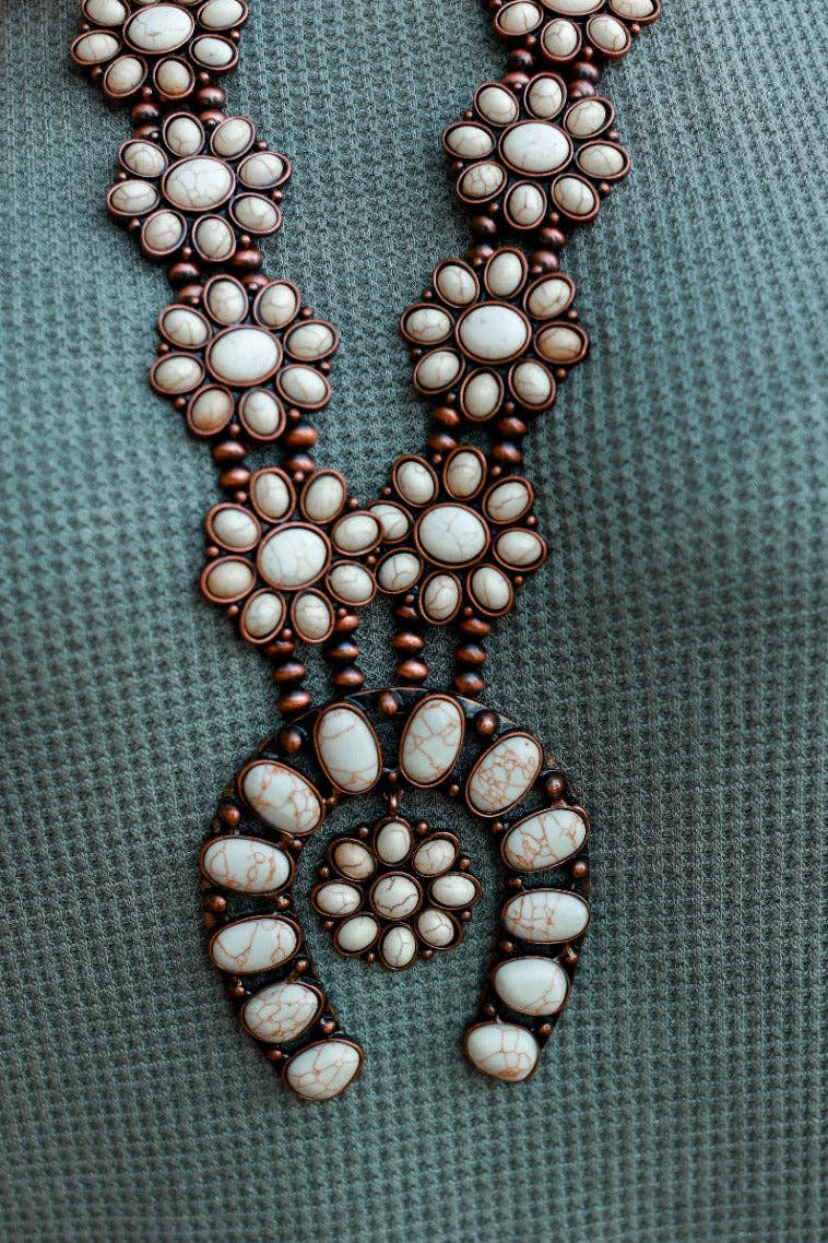 Let's Go To The Stockyards Cream Howlite Squash Blossom Copper Navajo Pearl Necklace