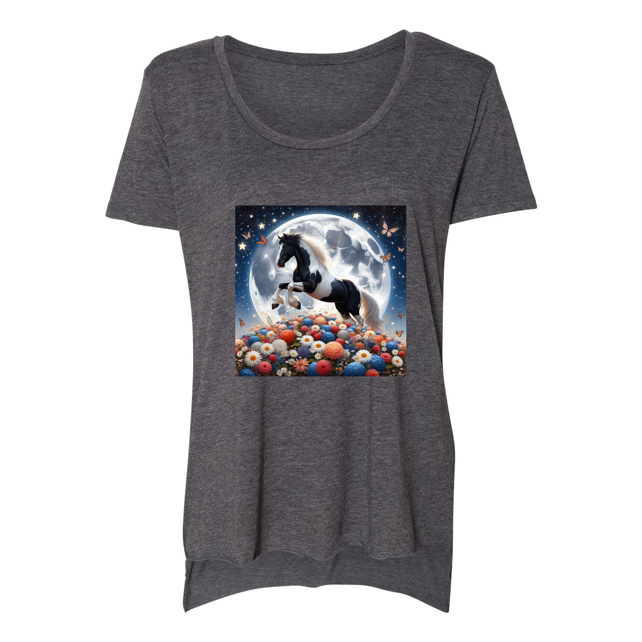 Spring Moon Horse Scoop Neck T Shirts