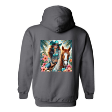 Load image into Gallery viewer, Cowgirl Tropics Design on Back Front Pocket Hoodies
