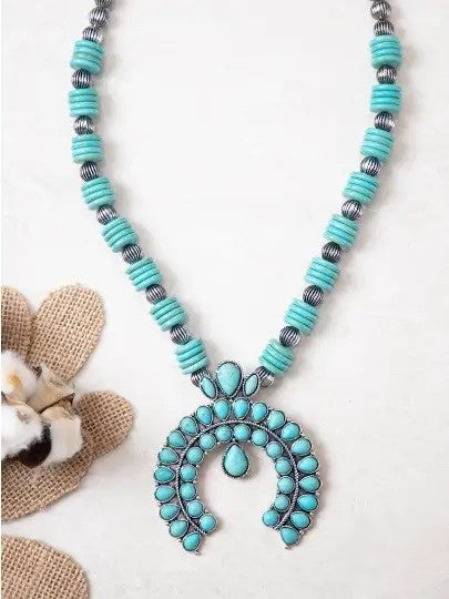 Western Style Turquoise Stone Squash Blossom Necklace