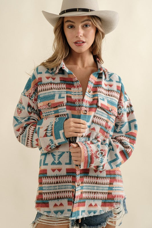 Frayed Aztec Western Shacket Beige or Teal