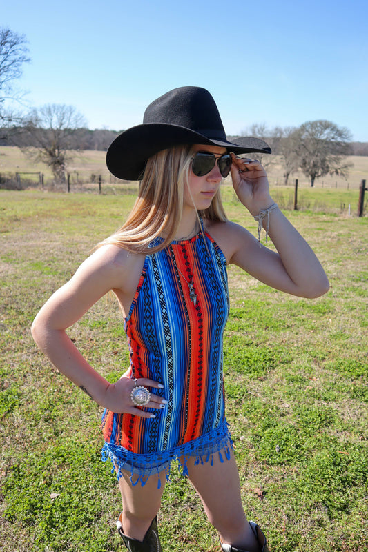 Colorado Ranger Crochet Trim Halter Tank - Aztec Serape