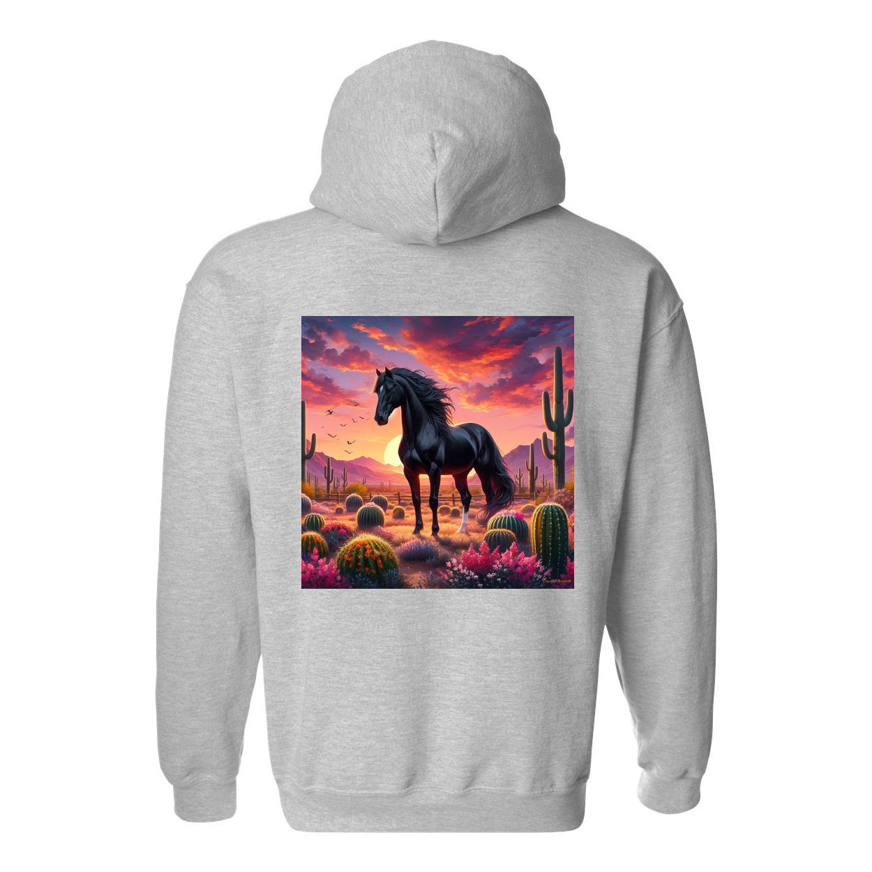 Black Stallion Desert Sunset Design on Back Front Pocket Hoodies