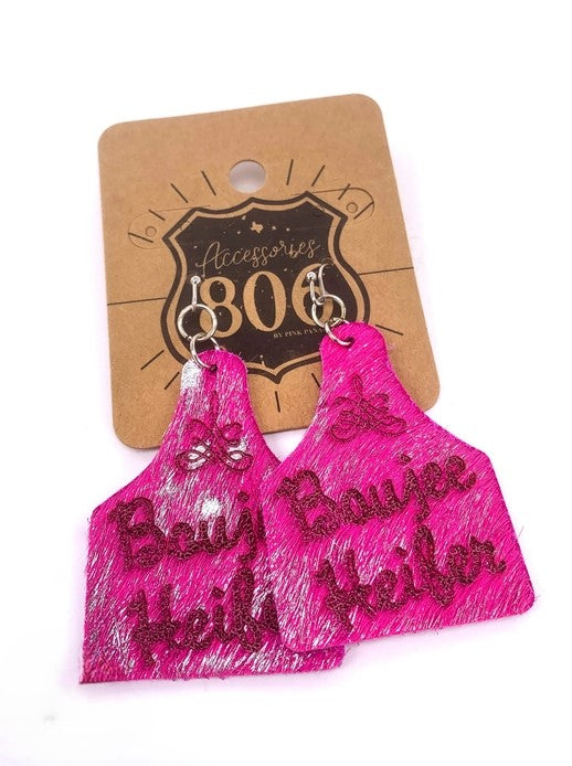 Boujee Heifer Pink Hair on HIde Ear Tag Earrings