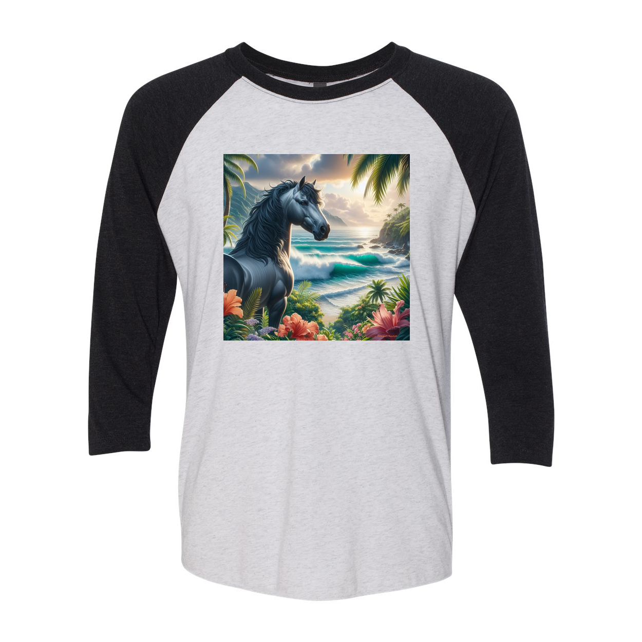 Tropical Grey Stallion Horse 3 4 Raglan T Shirts