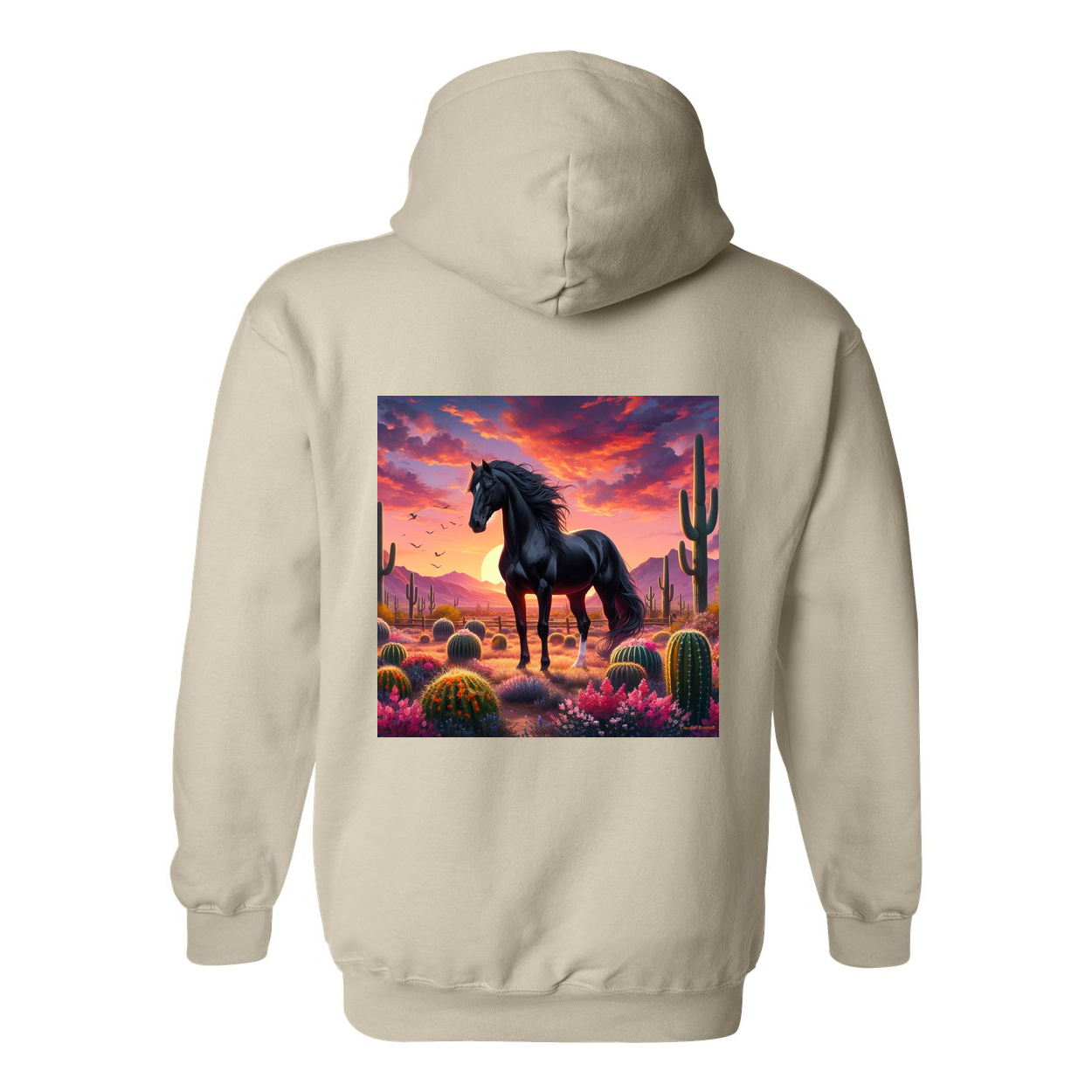 Black Stallion Desert Sunset Design on Back Front Pocket Hoodies