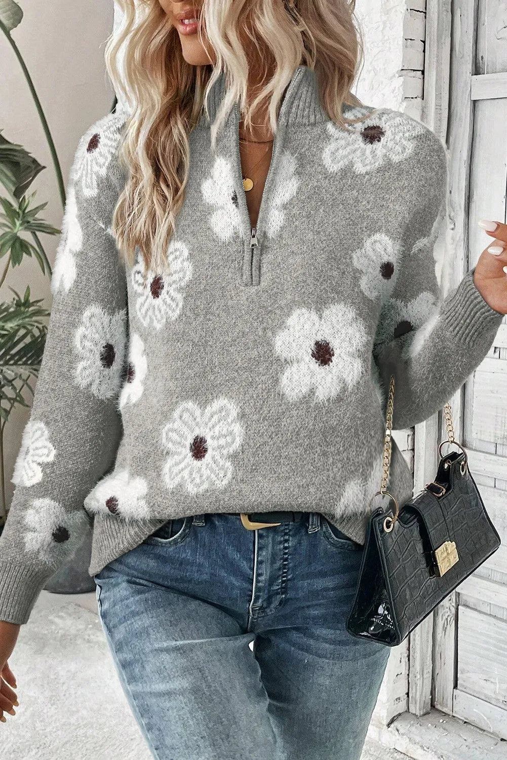 Flower Half Zip Long Sleeve Sweater Choose Green Pink or Grey