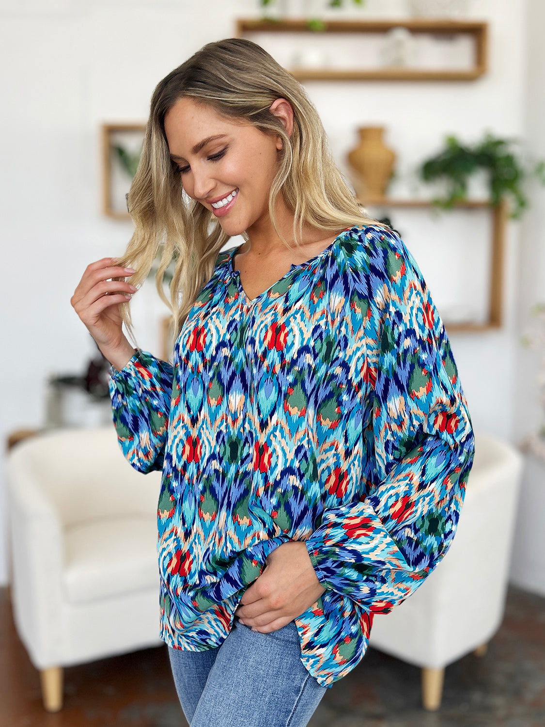 Double Take Full Size Printed Balloon Sleeve Blouse Choose Blue or Green