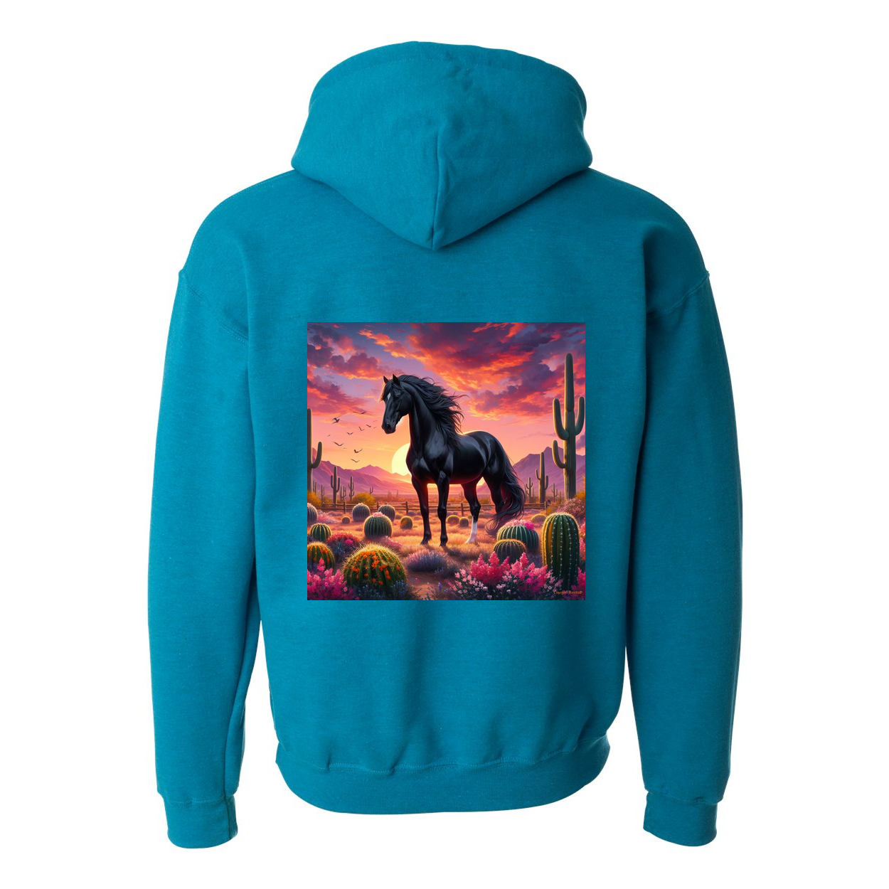 Black Stallion Desert Sunset Design on Back Front Pocket Hoodies